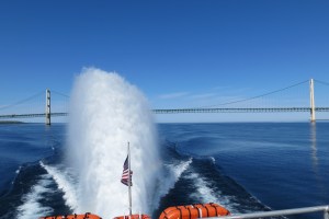 The rooster tail from our ferry and Mackinac Bridge, the largest suspension bridge in the US.